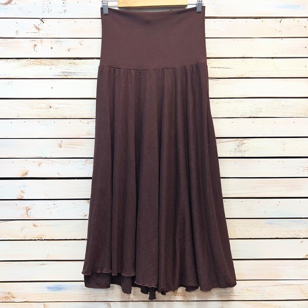 Vintage Brown Rayon Blend Knit Midi Skirt High Waist Flared Boho 90s XL - Picture 2 of 5